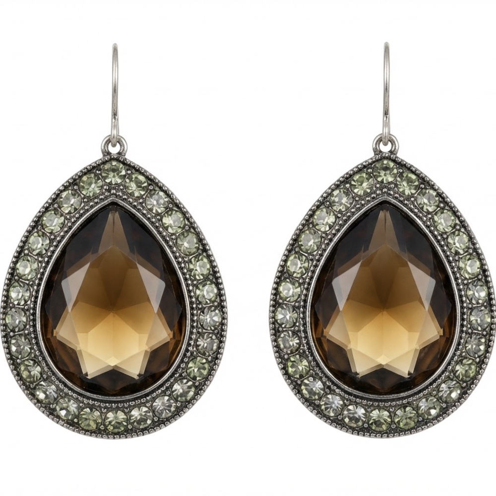 Elegant Teardrop Brown Drop Earrings with Crystal Halo - Picture 4 of 4